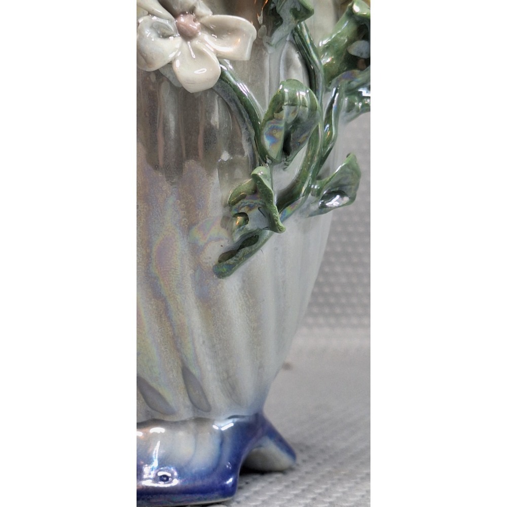 Vintage Lefton Porcelain 2 Handled 3D Floral Vases ~ 7" x 3" Blue Glazed - Picture 7 of 7